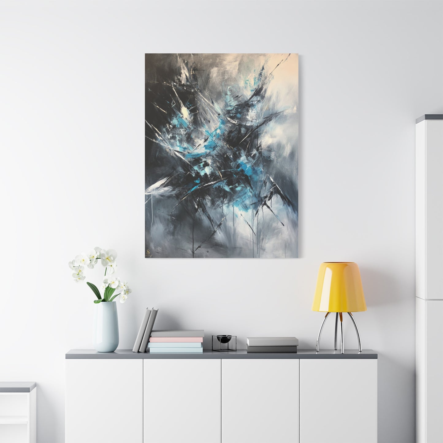 SOULIV8™ Abstract Chaos Canvas | Ice Blue & Charcoal Expressionist Wall Art, Modern Energy Painting for Bold Interiors