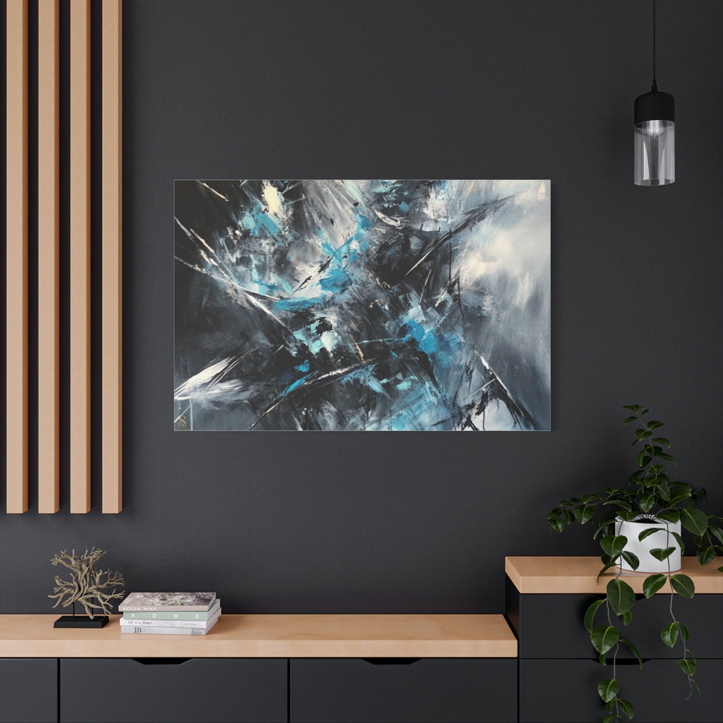 SOULIV8™ Abstract Chaos Canvas | Ice Blue & Charcoal Expressionist Wall Art, Modern Energy Painting for Bold Interiors
