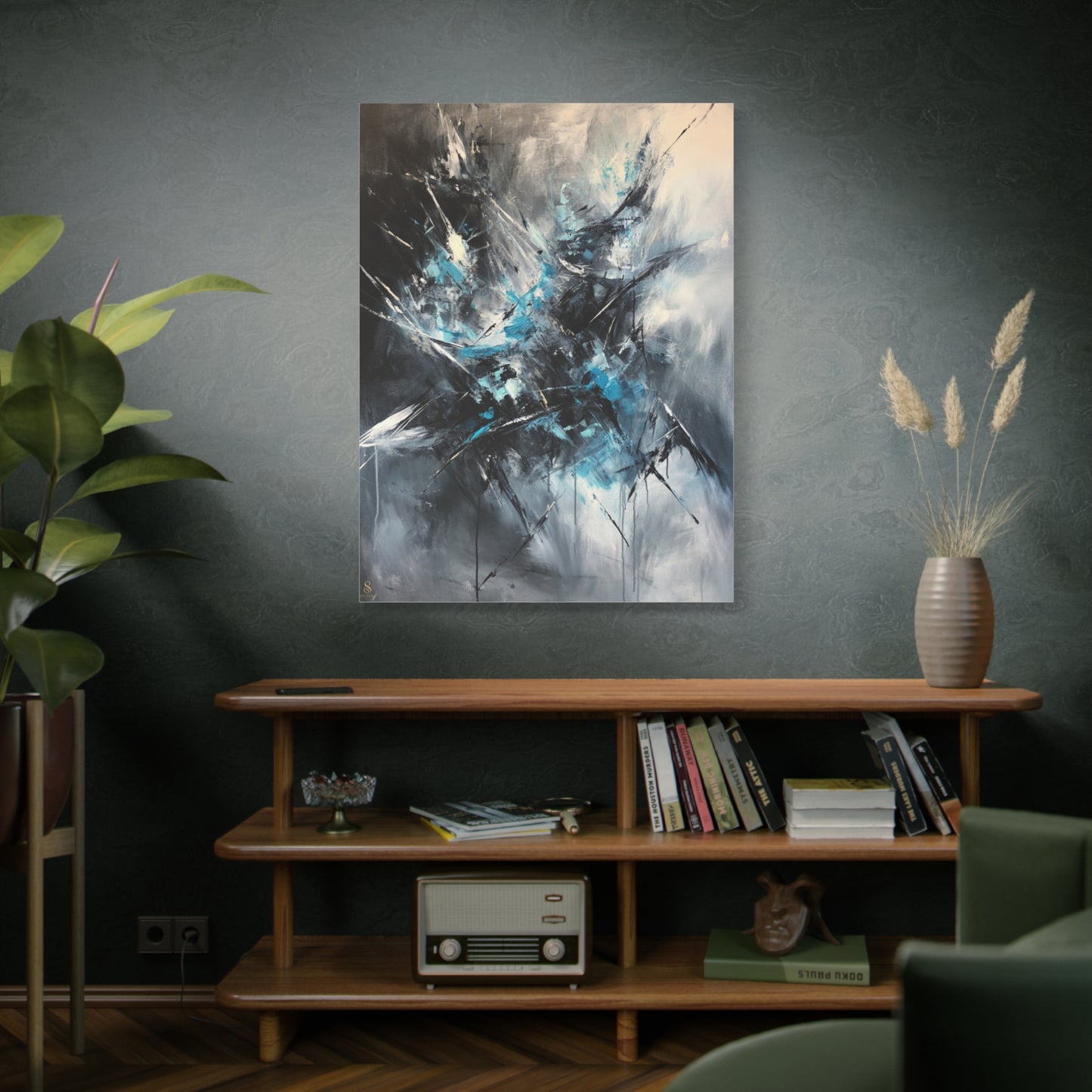 SOULIV8™ Abstract Chaos Canvas | Ice Blue & Charcoal Expressionist Wall Art, Modern Energy Painting for Bold Interiors
