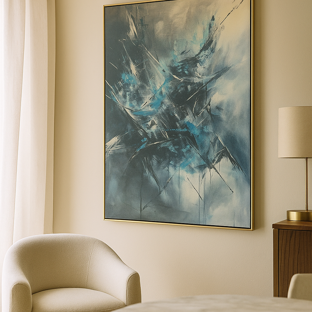 SOULIV8™ Abstract Chaos Canvas | Ice Blue & Charcoal Expressionist Wall Art, Modern Energy Painting for Bold Interiors
