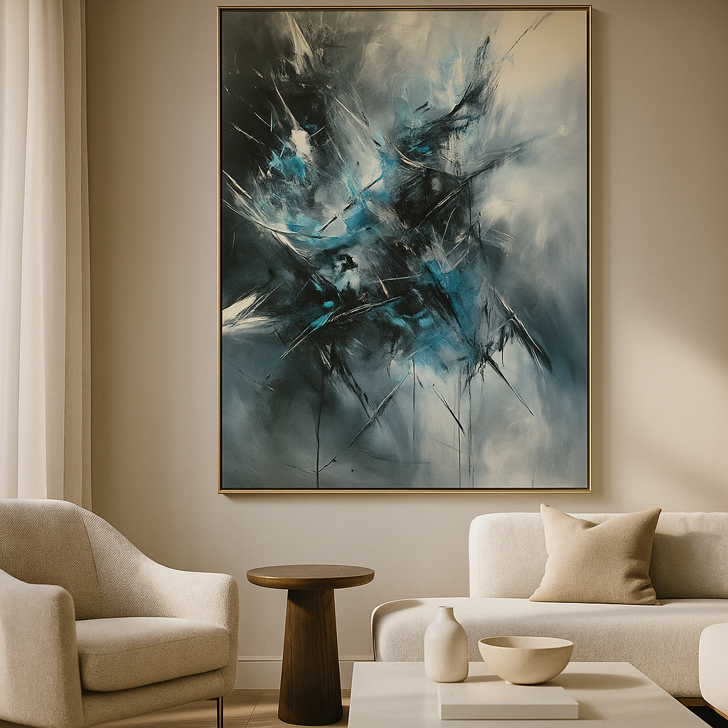 SOULIV8™ Abstract Chaos Canvas | Ice Blue & Charcoal Expressionist Wall Art, Modern Energy Painting for Bold Interiors