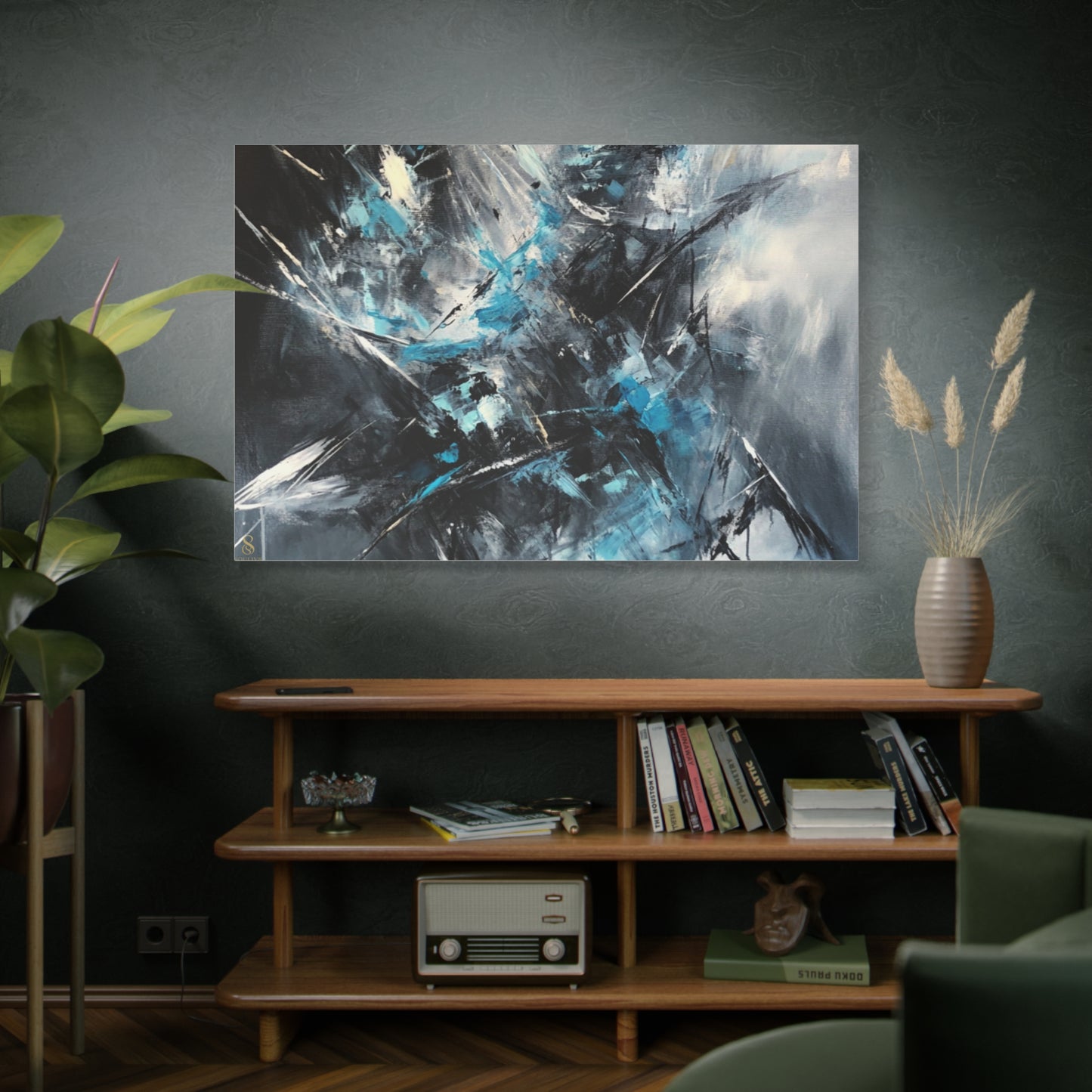 SOULIV8™ Abstract Chaos Canvas | Ice Blue & Charcoal Expressionist Wall Art, Modern Energy Painting for Bold Interiors