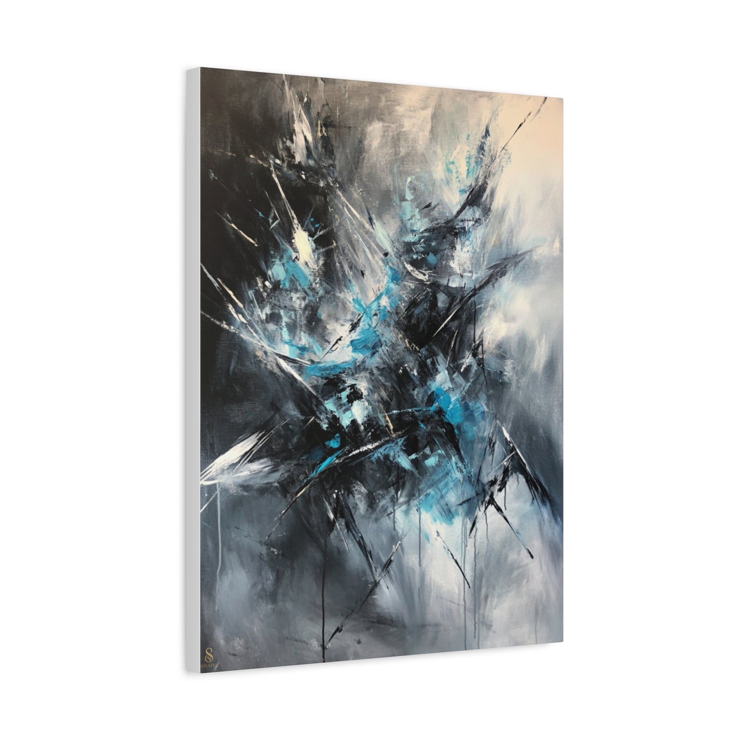 SOULIV8™ Abstract Chaos Canvas | Ice Blue & Charcoal Expressionist Wall Art, Modern Energy Painting for Bold Interiors