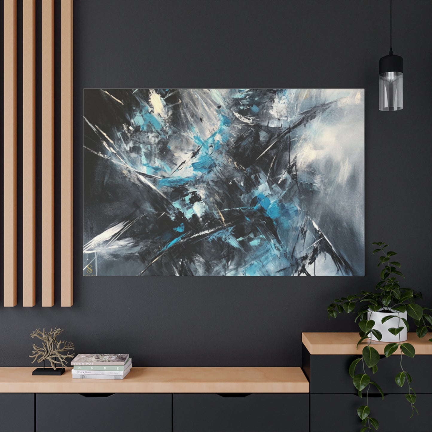 SOULIV8™ Abstract Chaos Canvas | Ice Blue & Charcoal Expressionist Wall Art, Modern Energy Painting for Bold Interiors