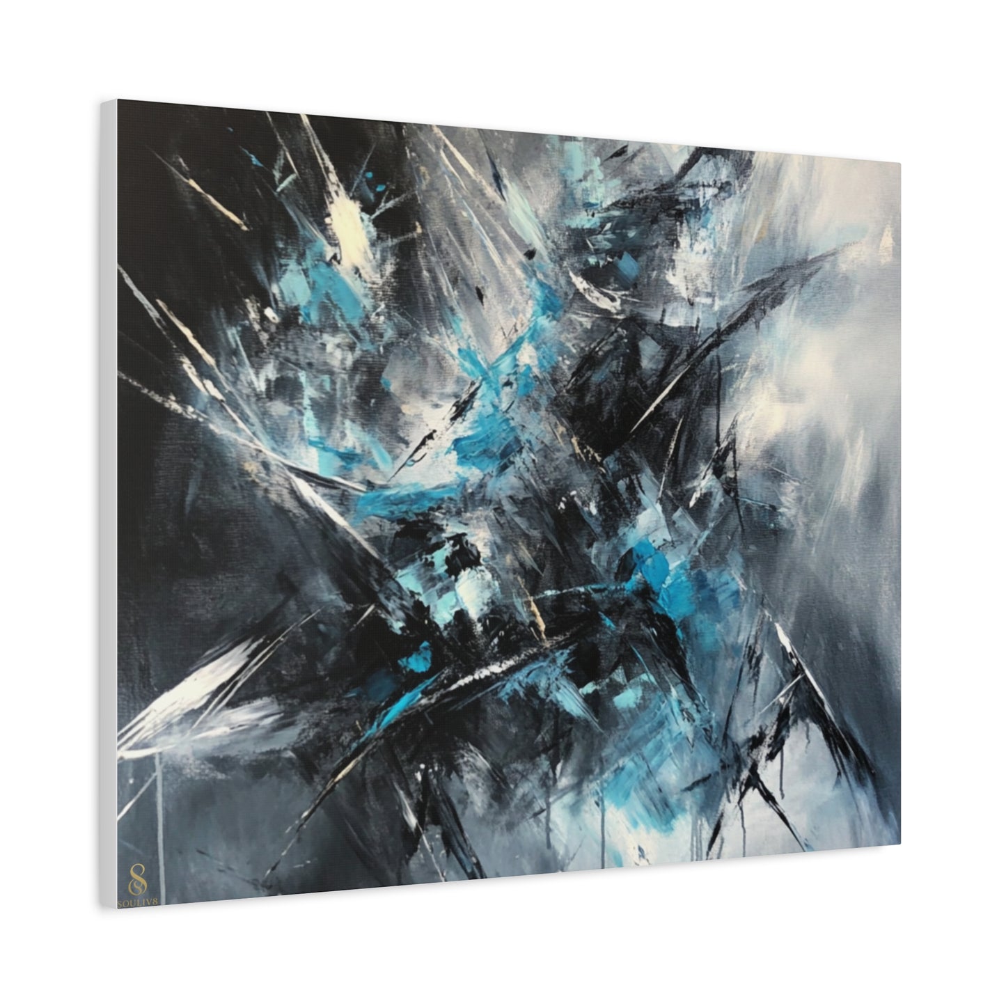 SOULIV8™ Abstract Chaos Canvas | Ice Blue & Charcoal Expressionist Wall Art, Modern Energy Painting for Bold Interiors