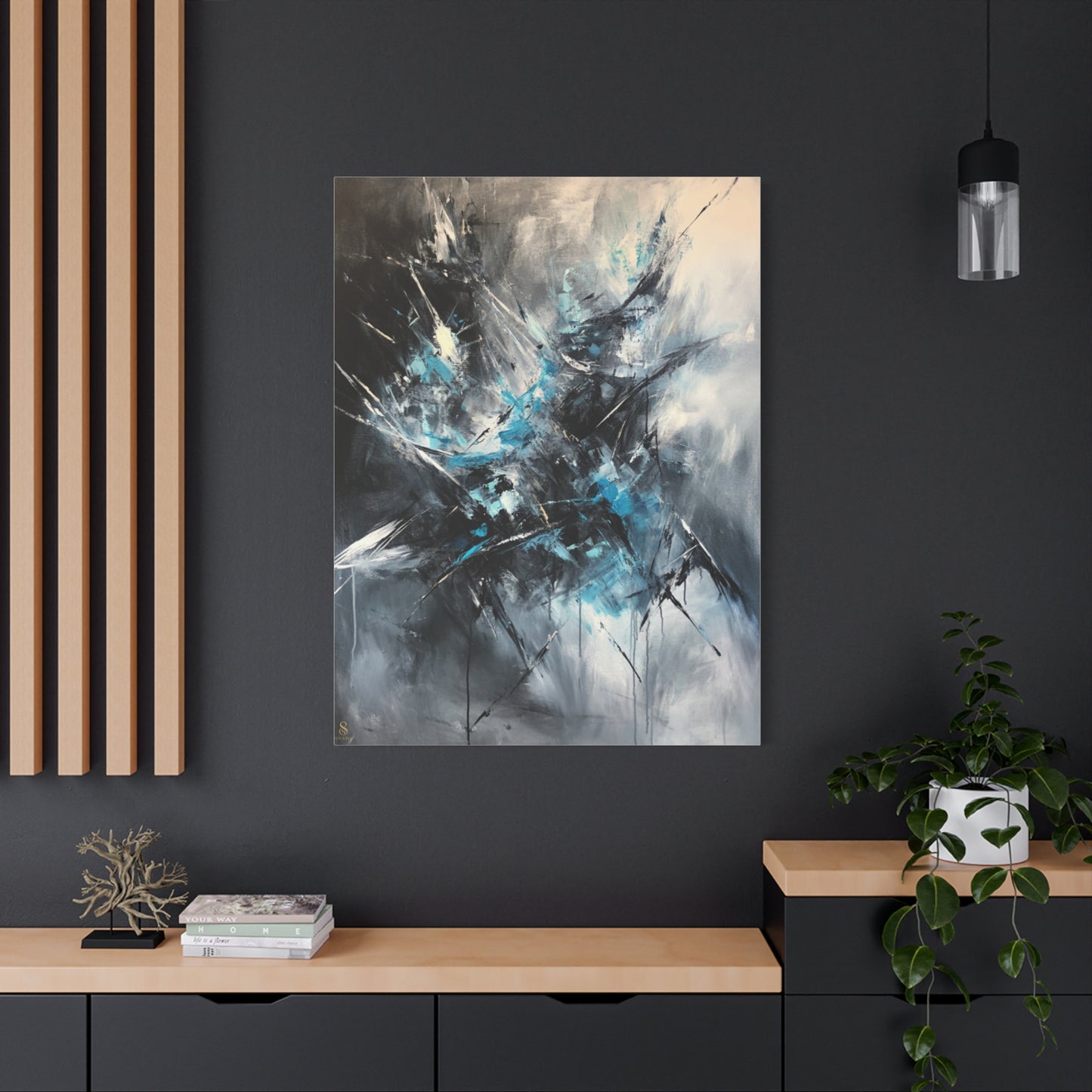 SOULIV8™ Abstract Chaos Canvas | Ice Blue & Charcoal Expressionist Wall Art, Modern Energy Painting for Bold Interiors
