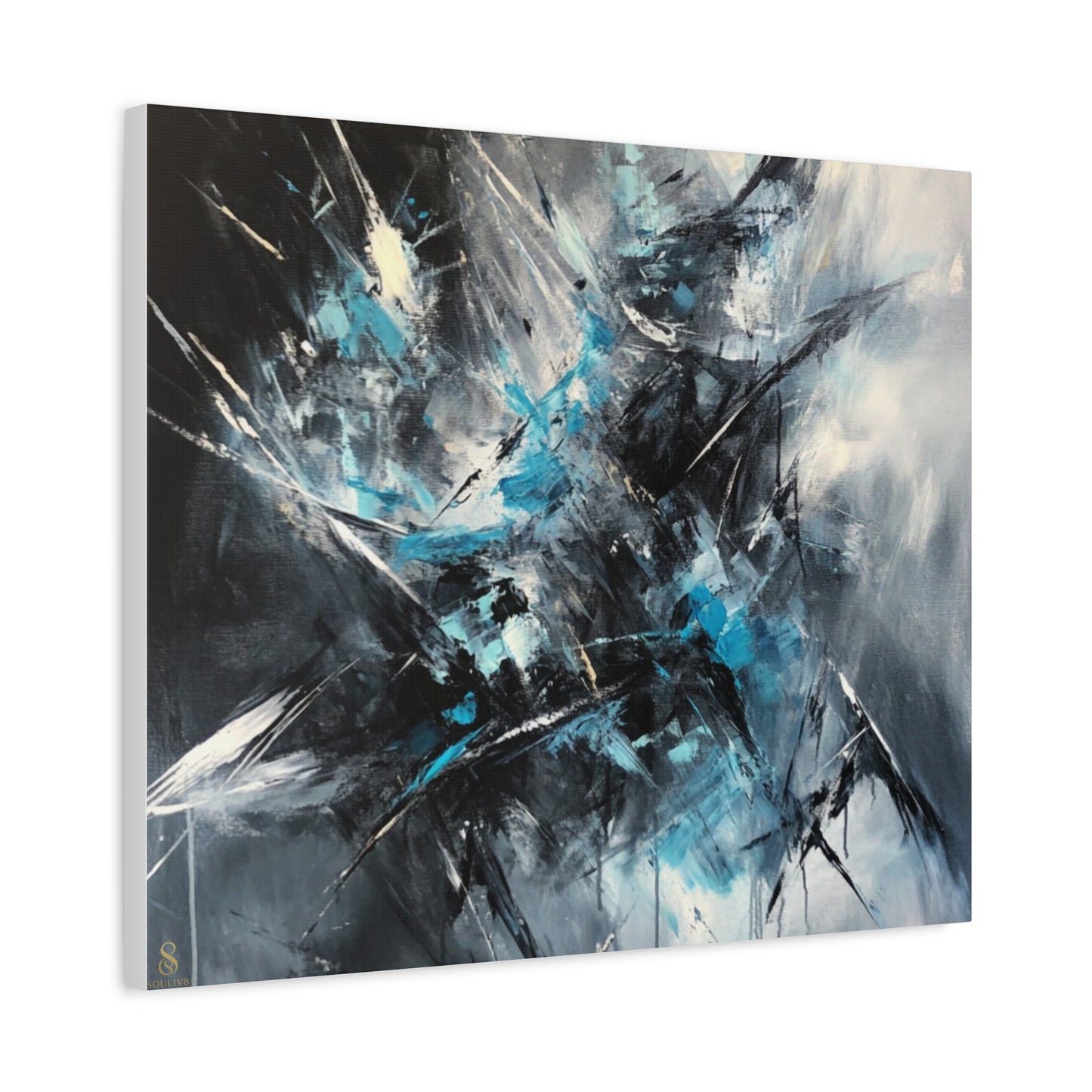 SOULIV8™ Abstract Chaos Canvas | Ice Blue & Charcoal Expressionist Wall Art, Modern Energy Painting for Bold Interiors