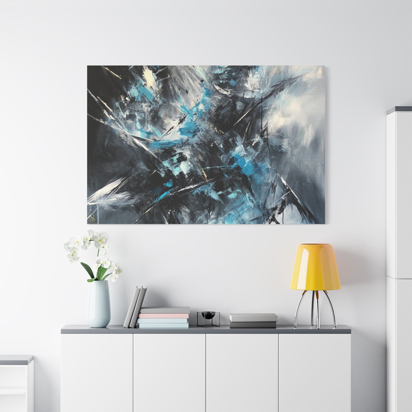SOULIV8™ Abstract Chaos Canvas | Ice Blue & Charcoal Expressionist Wall Art, Modern Energy Painting for Bold Interiors